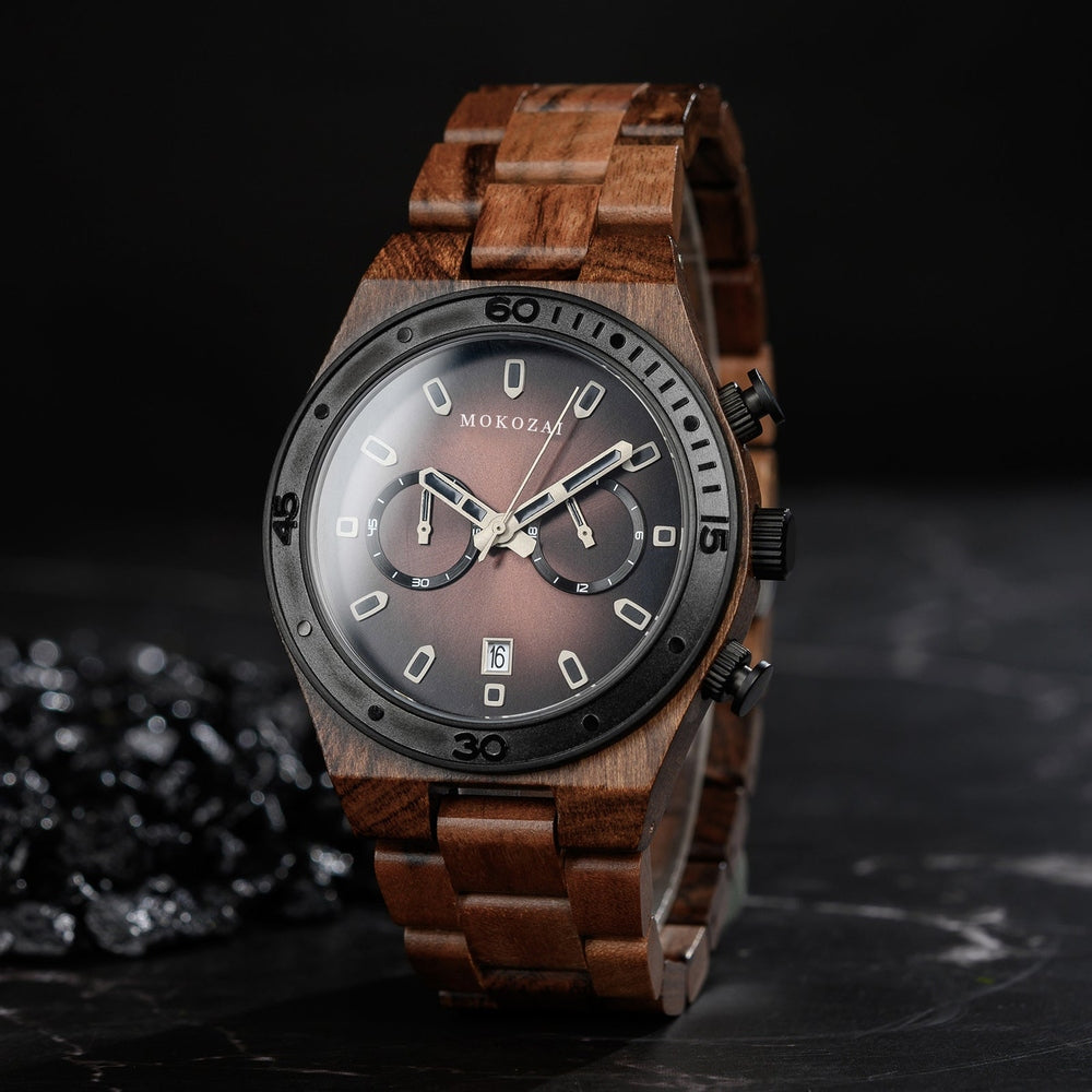 Mokozai chronograph wooden watch with a bold black dial, sleek wood grain strap, and dual sub-dials. A perfect blend of natural elegance and modern craftsmanship for those in Australia seeking sustainable and luxury timepieces.