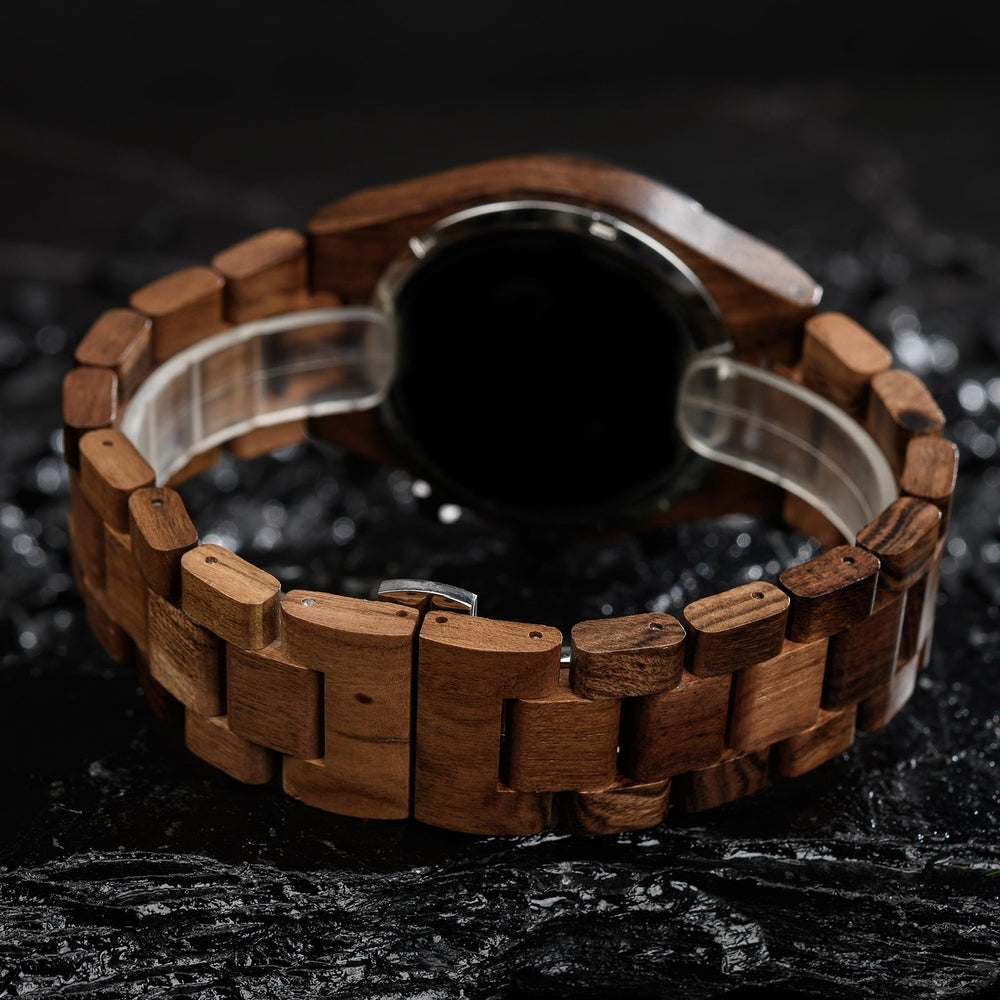 Back view of Mokozai wooden chronograph watch showcasing the natural wood grain and intricately linked wooden band. The luxurious handcrafted wooden watch strap features a sleek clasp, emphasizing sustainable fashion and artisanal craftsmanship. Ideal for eco-conscious shoppers in Australia.