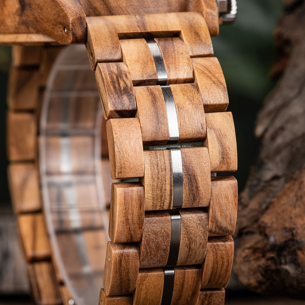 Close-up of Mokozai wooden watch strap, showcasing finely crafted natural wood links with sleek stainless steel accents. A durable and stylish combination for eco-conscious individuals in Australia looking for unique, sustainable accessories.