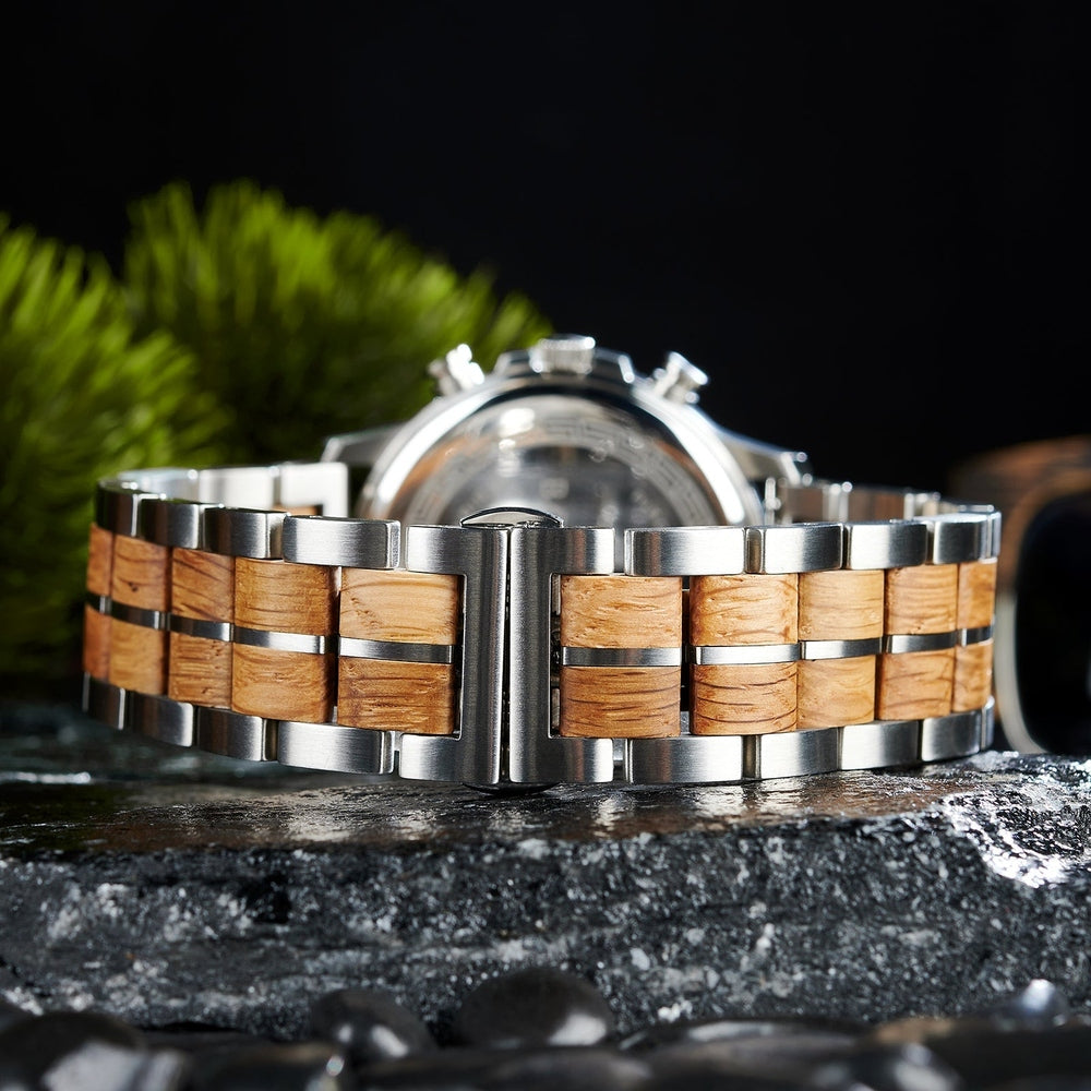 Back view of Mokozai men's wooden and stainless steel watch featuring a natural wood inlay on the strap, blending eco-friendly materials with modern craftsmanship. The detailed wooden accents and durable stainless steel bracelet offer a unique and stylish accessory for environmentally conscious customers in Australia.