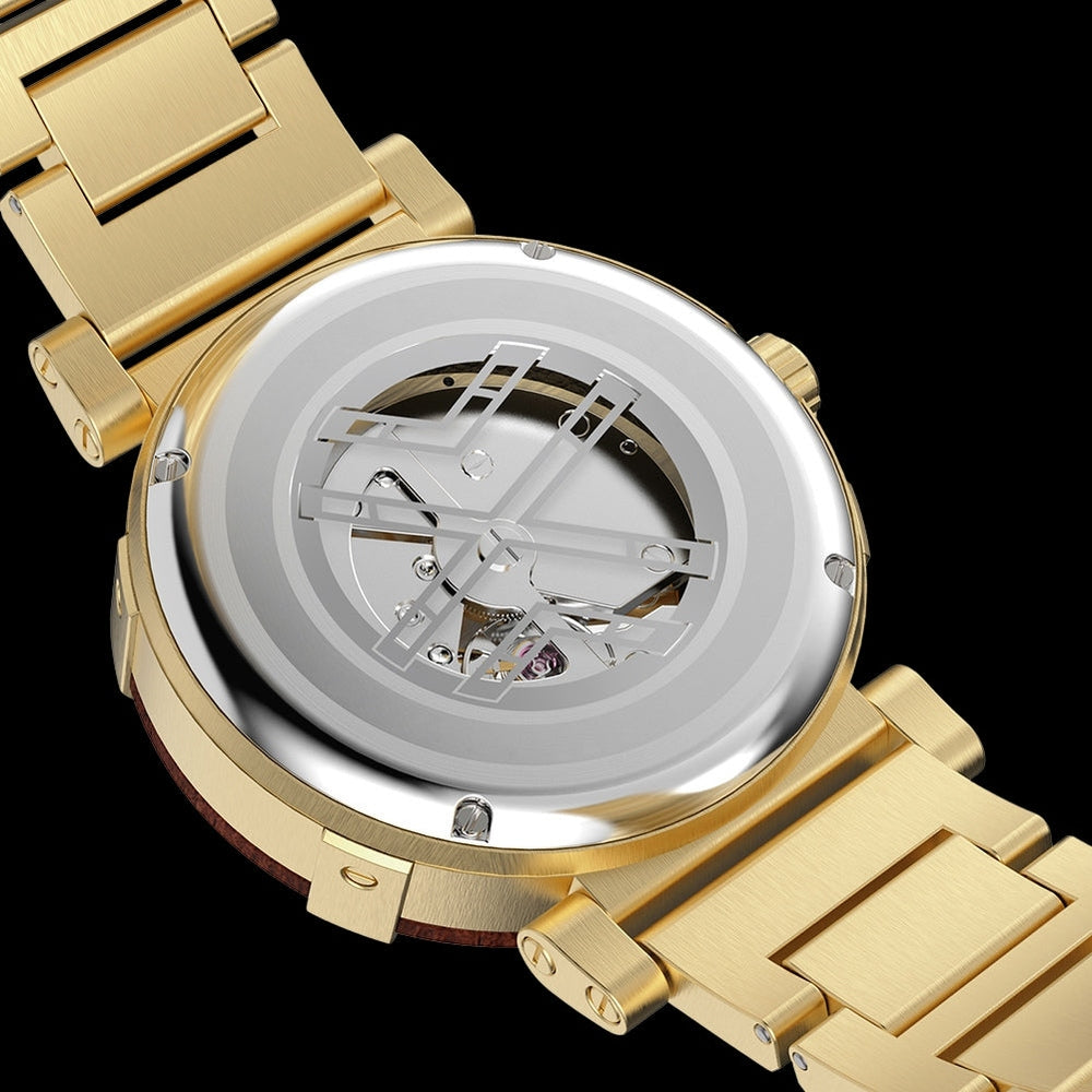 Back view of Mokozai luxury gold skeleton watch showcasing its intricate mechanical movement, visible through the transparent caseback. Perfect for Australian watch enthusiasts who appreciate precision engineering and sophisticated design.