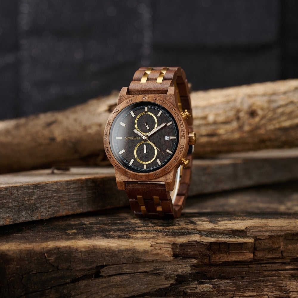Mokozai luxury wooden chronograph watch with a dark face, gold detailing, and sustainable wooden strap. Perfect for Australians seeking eco-friendly, handcrafted timepieces with elegance and precision.