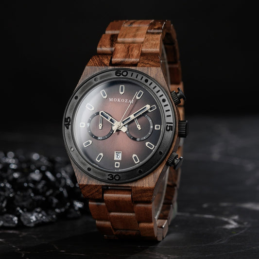 Mokozai chronograph wooden watch with a bold black dial, sleek wood grain strap, and dual sub-dials. A perfect blend of natural elegance and modern craftsmanship for those in Australia seeking sustainable and luxury timepieces.