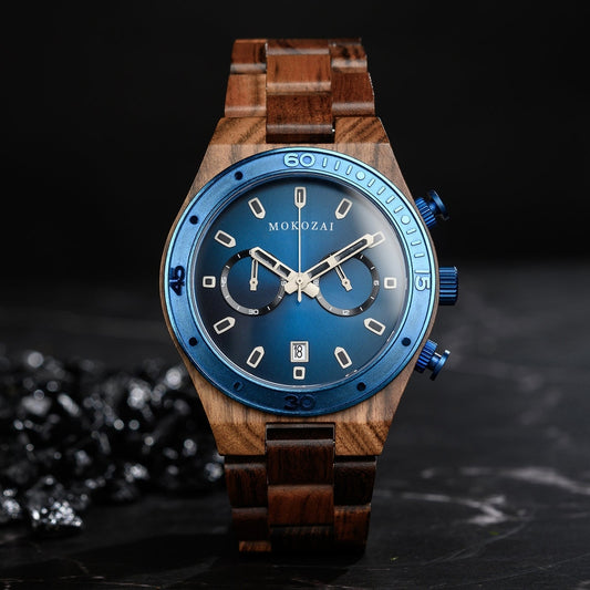 Stylish Mokozai wooden watch with a rich brown grain wood strap and a striking blue chronograph dial, showcasing a blend of natural materials and modern elegance. Perfect for eco-conscious individuals in Australia seeking luxury with nature-inspired design.