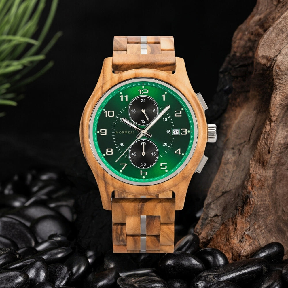 Mokozai men's wooden chronograph watch with a striking green dial and natural wood grain strap, featuring bold white numerals and silver-tone subdials. A perfect eco-conscious statement piece for style-savvy Australians seeking sustainable, luxury accessories.