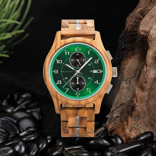 Mokozai men's wooden chronograph watch with a striking green dial and natural wood grain strap, featuring bold white numerals and silver-tone subdials. A perfect eco-conscious statement piece for style-savvy Australians seeking sustainable, luxury accessories.