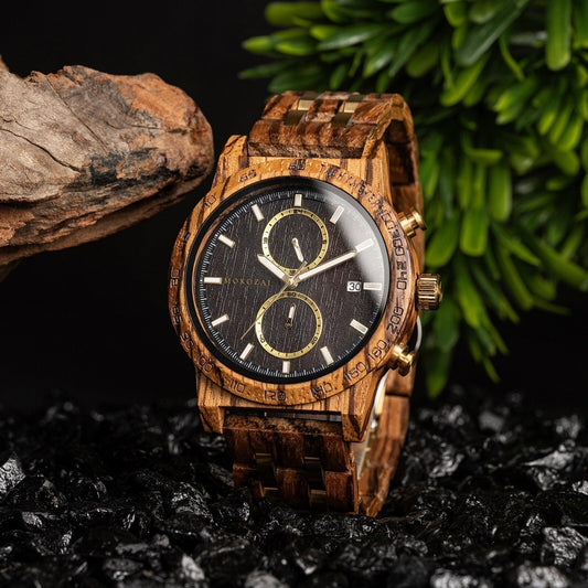 Luxury Mokozai wooden chronograph watch with black dial and gold accents, handcrafted from sustainable wood. Ideal for eco-conscious Australians looking for stylish and environmentally friendly timepieces.