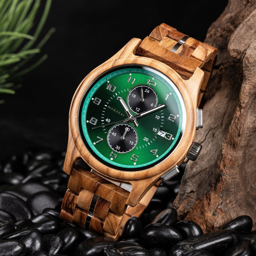Mokozai men's wooden chronograph watch featuring a vibrant green dial with silver accents, housed in a natural wood case and matching wooden strap. A sustainable, eco-friendly timepiece designed for those in Australia seeking both style and environmental consciousness.