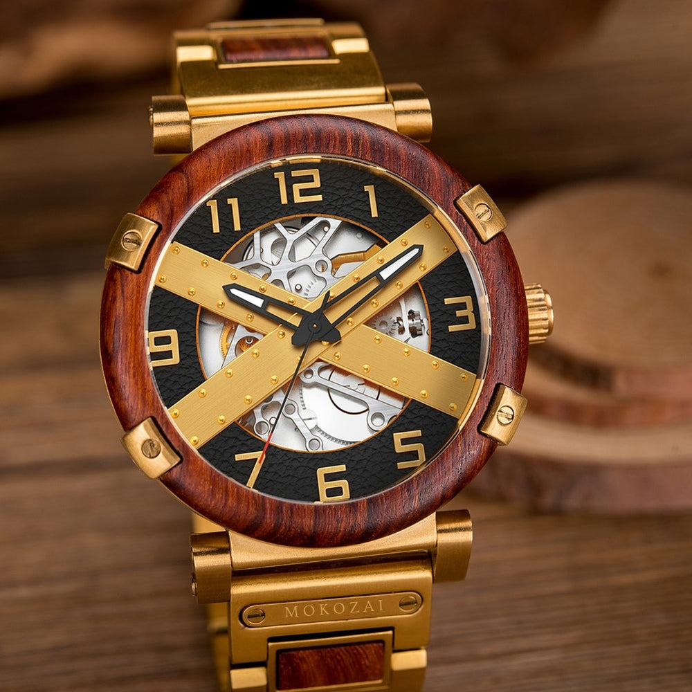Close-up of Mokozai luxury skeleton watch with a gold and wood-tone design. The intricate mechanical movement is visible through the dial, framed by golden cross-shaped hands, perfect for watch enthusiasts in Australia seeking style and craftsmanship.