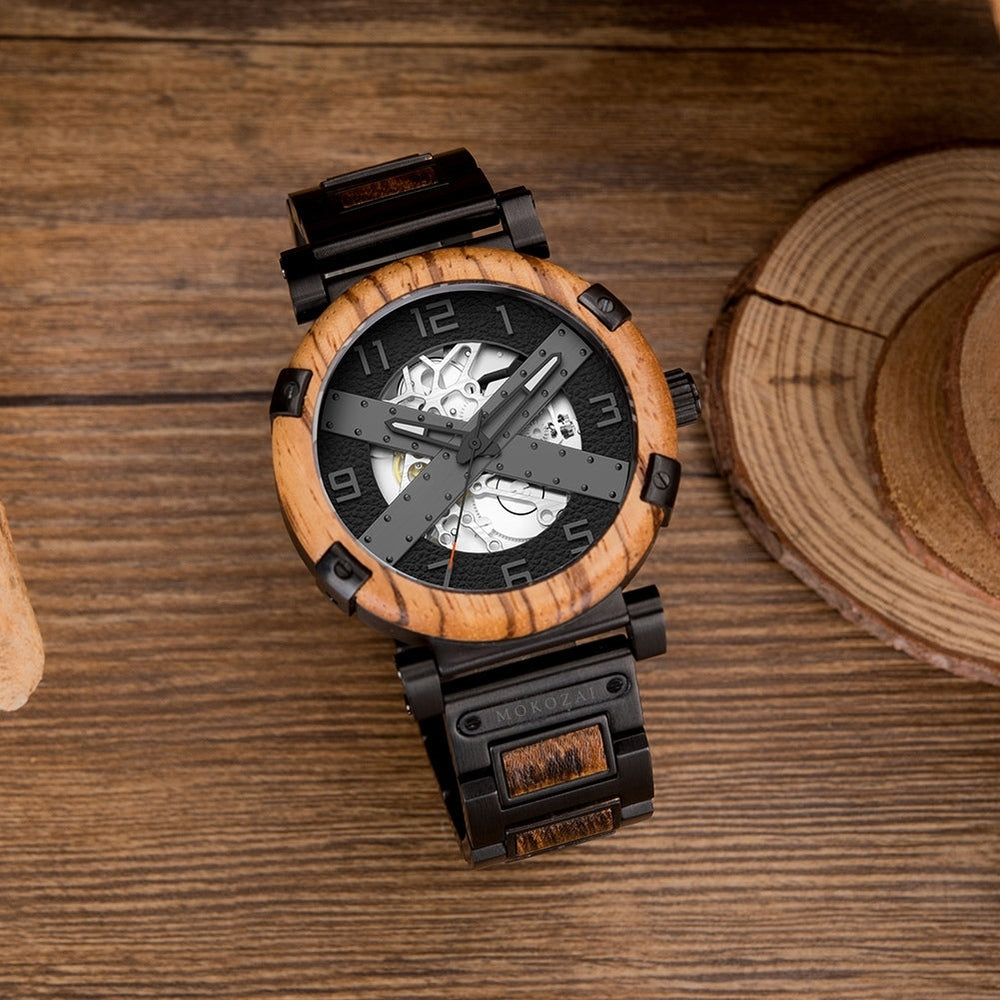 Mokozai skeleton wooden watch with a natural wood bezel, exposed mechanical movement, and a rugged black metal band featuring wooden accents. This bold, eco-conscious timepiece merges nature-inspired design with industrial flair, perfect for those seeking unique style in Australia.