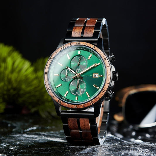 Green Mokozai wooden chronograph watch with a polished wood and metal strap, featuring gold accents and date display.