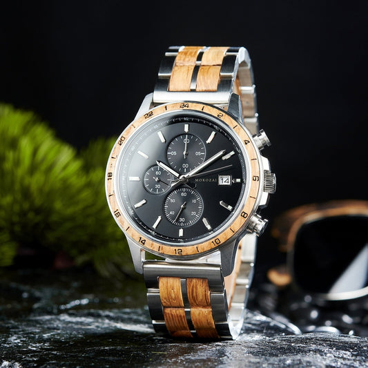 Mokozai men's wooden and stainless steel chronograph watch with a black dial, wooden accents, and date display. The elegant design features a natural wood bezel and inlays on the strap, offering a perfect balance of modern sophistication and eco-conscious style for the Australian market.