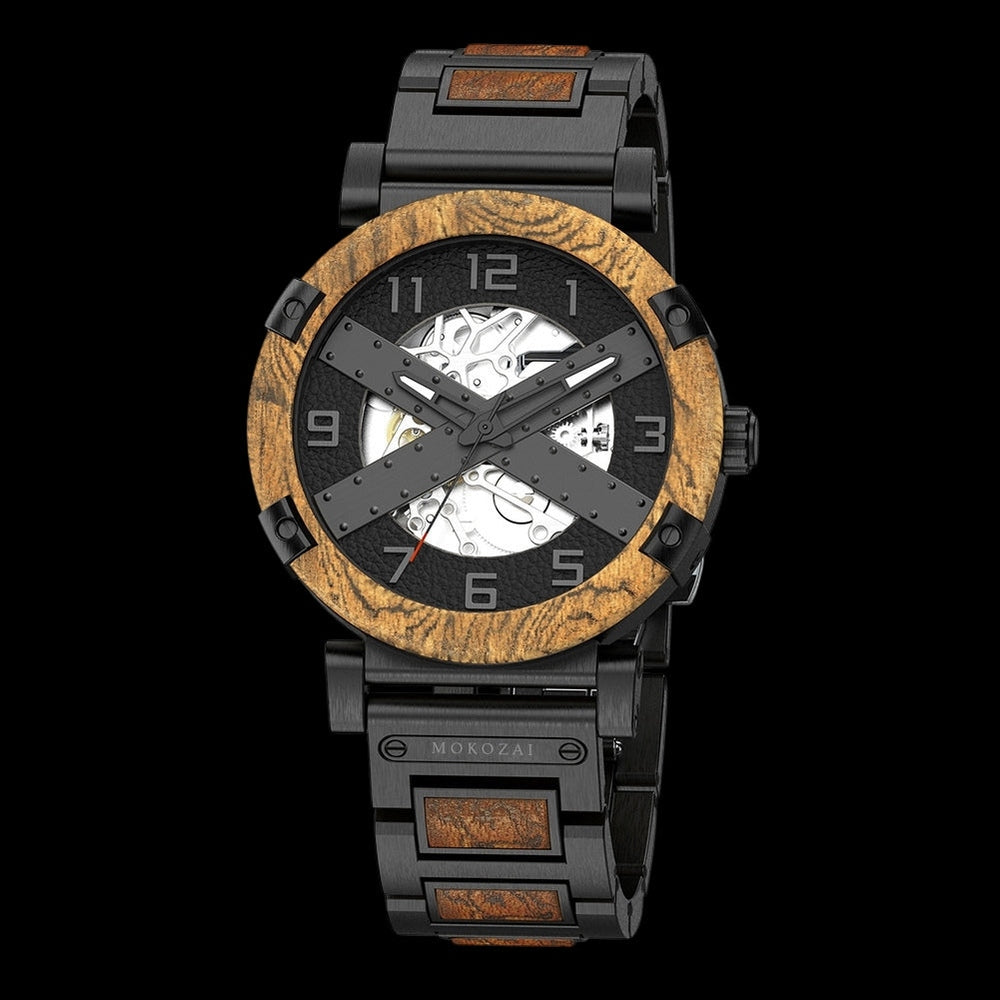 Mokozai skeleton watch featuring a striking wood bezel, intricate exposed gears, and a bold black metal band with wood inlays. The rugged industrial design showcases precision engineering, ideal for nature-loving Australians with a flair for innovative style.