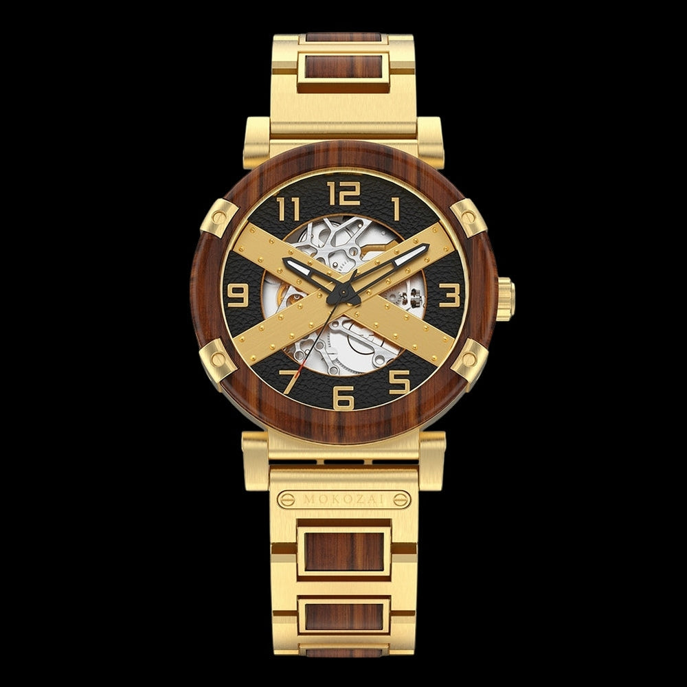 Mokozai luxury skeleton watch featuring a gold and wood-tone design with visible mechanical movement. The golden cross-shaped hands add a bold, dynamic touch, making it a statement piece for those who appreciate elegant craftsmanship and sophistication in Australia.