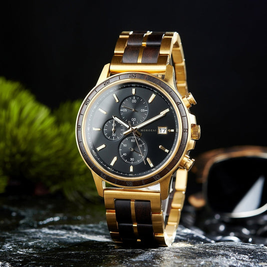 Elegant gold wristwatch with a black dial, gold accents, and chronograph sub-dials, featuring a polished gold and wood link bracelet, set against a dark, sophisticated background.