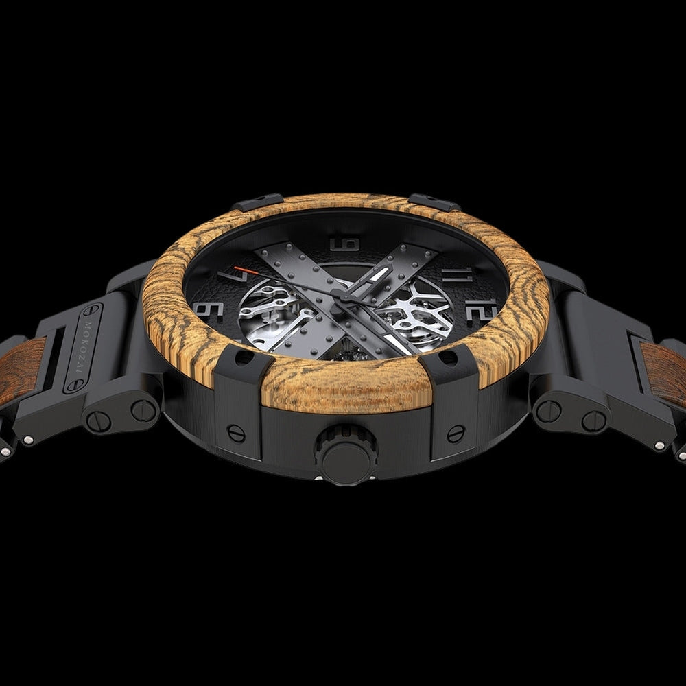 Close-up view of a Mokozai skeleton wooden watch featuring a natural wood bezel, intricate exposed mechanical gears, and a black metal band with wood accents. The sleek, industrial design combined with nature-inspired elements creates a striking, eco-conscious timepiece perfect for Australia's trendsetters.