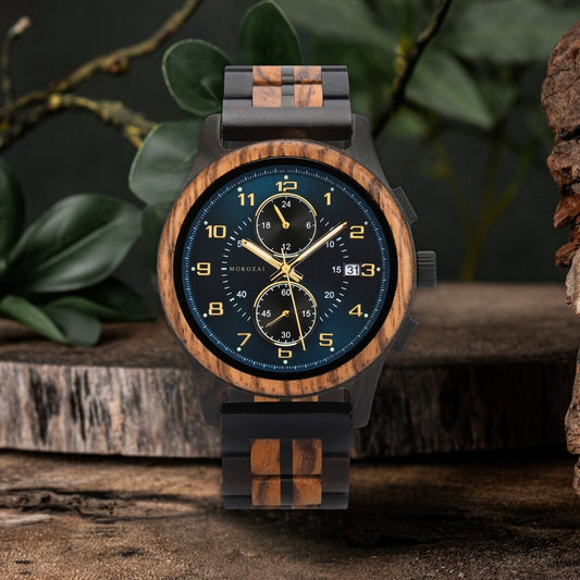 Mokozai wooden chronograph watch with a dark blue dial, gold accents, and a black-and-wood grain strap. A fusion of elegance and modern design, perfect for those seeking a blend of nature and sophistication in their wristwear in Australia.