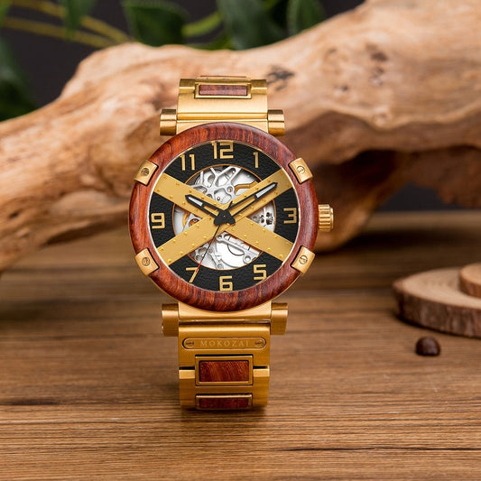 Mokozai luxury skeleton watch featuring a bold gold and wood design, with exposed mechanics and unique cross-shaped gold accents on the face. Ideal for Australian shoppers looking for a statement piece that merges craftsmanship and elegance.