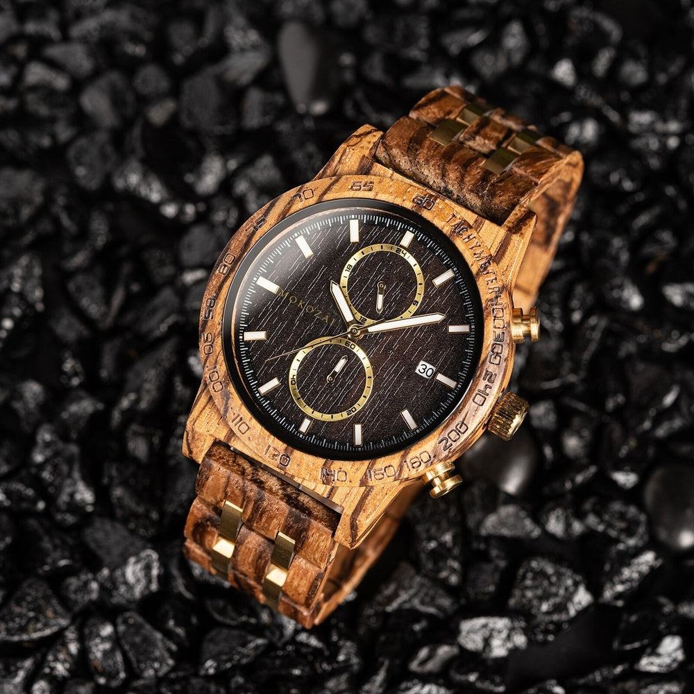 Handcrafted wooden chronograph watch by Mokozai featuring a rich dark dial, gold accents, and an eco-friendly wood strap. Designed for those in Australia seeking a unique, sustainable, and luxurious timepiece.
