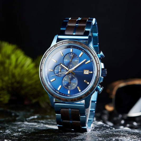 Mokozai men's luxury chronograph with a striking blue dial and stainless steel case, accented by wooden inlays on the bracelet. This premium timepiece blends modern elegance and natural wood, perfect for Australia's style-savvy individuals.