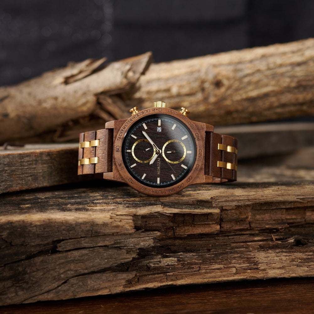 Premium Mokozai chronograph crafted with sustainable wood and gold accents, featuring a dark dial and wooden strap. Perfect for the stylish and eco-conscious in Australia, this luxury timepiece is designed to turn heads while supporting sustainability.