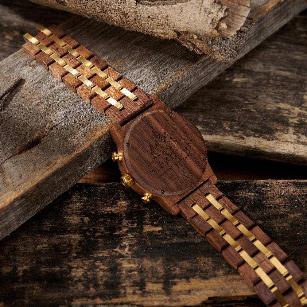 Back view of Mokozai handcrafted wooden chronograph watch, featuring a detailed engraving and gold-accented links. This luxury eco-friendly timepiece is ideal for Australian consumers seeking sustainable fashion with a touch of elegance.