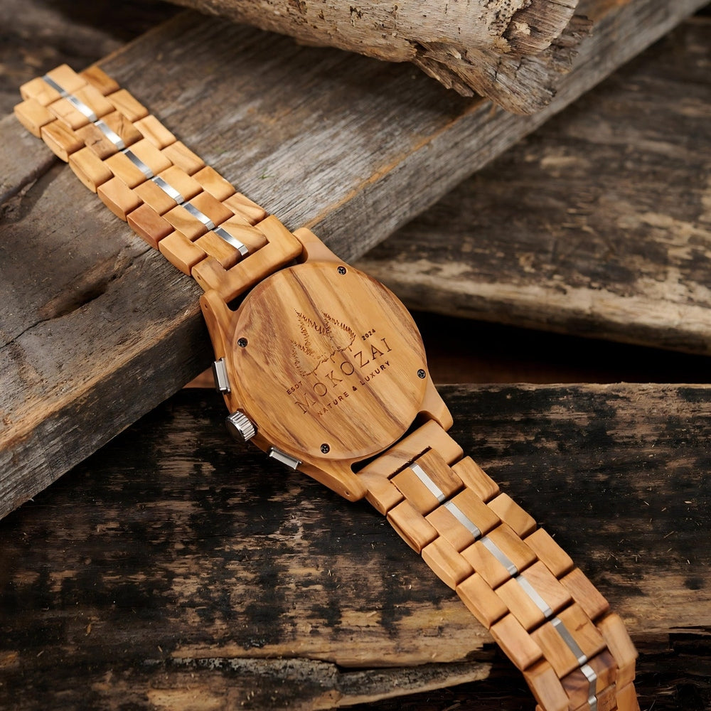 Back view of Mokozai men's wooden watch showcasing the natural wood grain strap with stainless steel accents and engraved wooden case back. The perfect blend of nature and luxury for eco-conscious individuals looking for a sustainable yet stylish timepiece in Australia.